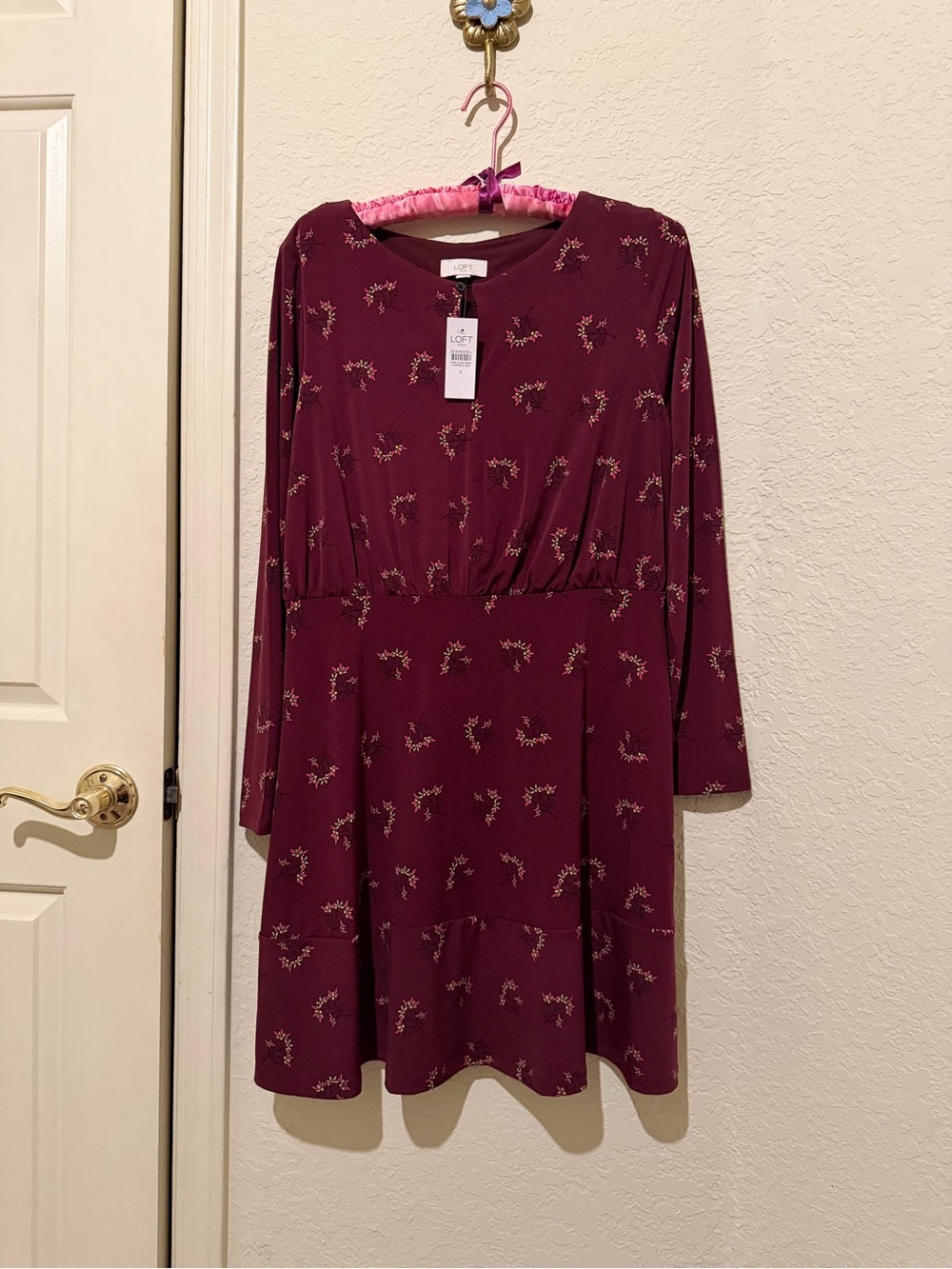 LOFT Burgundy Floral Long-Sleeve Fit & Flare Dress